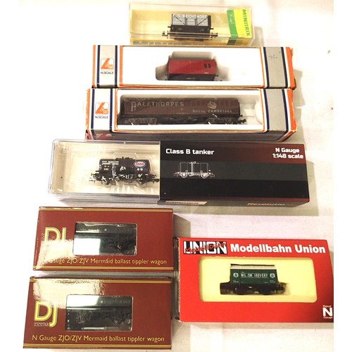 2092 - Seven N Gauge wagons includes D.J. models - two Mermaid Ballast Tippler, Revolution - Class B Tanker... 