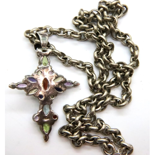 109 - 925 silver stone set cross pendant and neck chain, pendant H: 40 mm, chain L: 46 cm. P&P Group 1 (£1... 