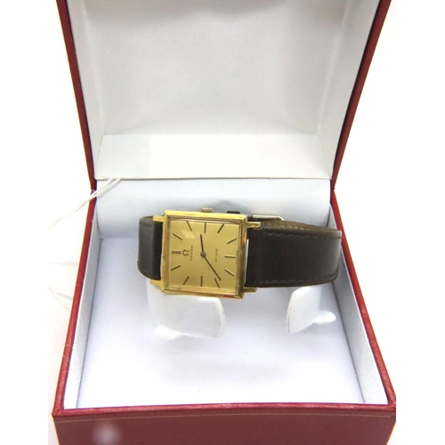 116 - Omega; gents Deville mechanical wristwatch, gold plated with square dial. P&P Group 1 (£14+VAT for t... 