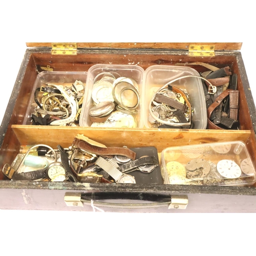 117 - Large wooden briefcase containing wristwatch and pocket watch spares to include straps, cases and wa... 