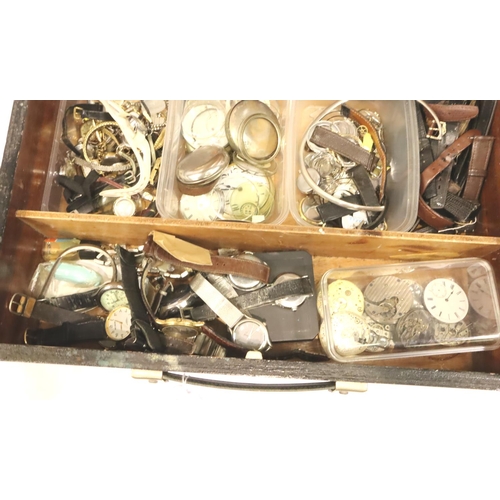 117 - Large wooden briefcase containing wristwatch and pocket watch spares to include straps, cases and wa... 