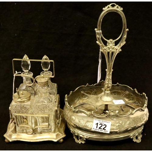 122 - A silver plated condiment stand with four bottles and a silver plated condiment, lacking bottles. No... 