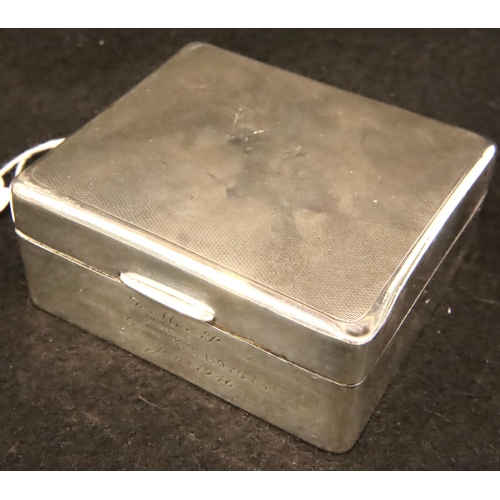 124 - Hallmarked silver cigarette box, cedar lined and dated 1946 by inscription. P&P Group 1 (£14+VAT for... 