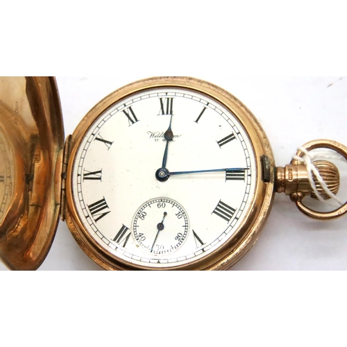 76 - 9ct gold Waltham full hunter pocket watch with 9ct dust cover, lacking glass, 84.7g. P&P Group 1 (£1... 