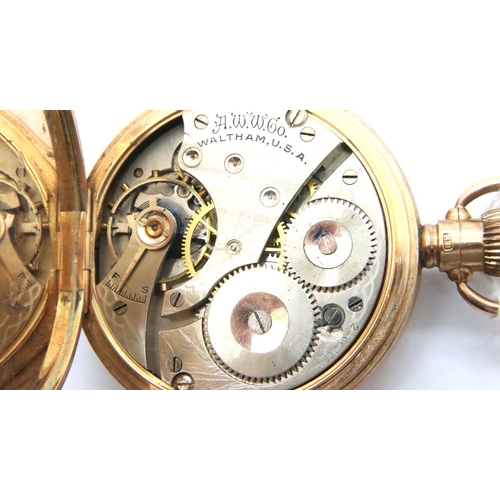 76 - 9ct gold Waltham full hunter pocket watch with 9ct dust cover, lacking glass, 84.7g. P&P Group 1 (£1... 