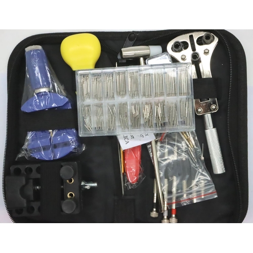 94 - Cased 147 piece watch maker repair kit including back removers and box of wristwatch pins. P&P Group... 