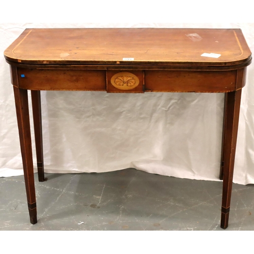 502 - George III inlaid mahogany fold-over tea table, 92 x 90 x 84 cm H. Not available for in-house P&P, c... 