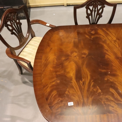 483 - Mahogany twin pedestal dining table with drop in leaf and 6+2 chairs (one pedestal damaged), table L... 