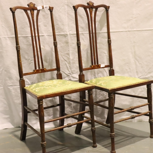 487 - Pair of Edwardian inlaid mahogany bedroom chairs with upholstered seats, H: 100 cm. Not available fo... 