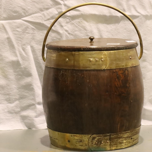 488 - Coopered oak barrel with brass fittings and steel liner, H: 32 cm. Not available for in-house P&P, c... 