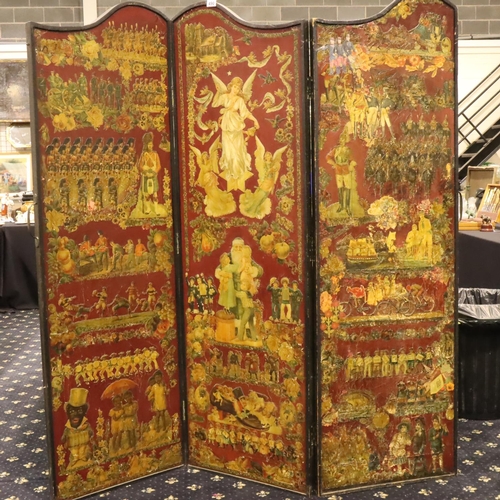 490 - Victorian bifold screen with good scrapwork decoration to one side, each panel 56 x 180 cm. Not avai... 