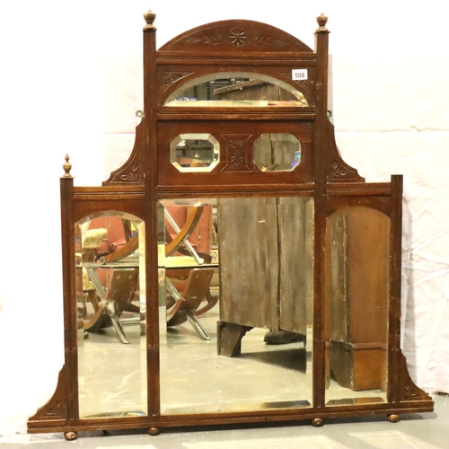 508 - Walnut overmantle with bevelled edge mirrors and carved decoration, 88 x 103 cm H. Not available for... 