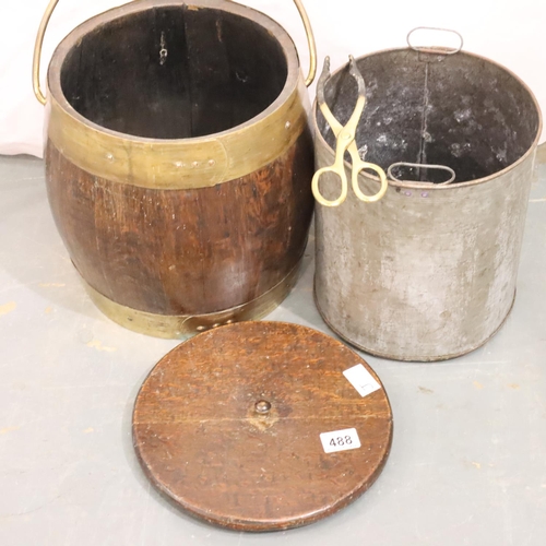 488 - Coopered oak barrel with brass fittings and steel liner, H: 32 cm. Not available for in-house P&P, c... 