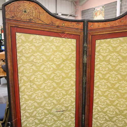 490 - Victorian bifold screen with good scrapwork decoration to one side, each panel 56 x 180 cm. Not avai... 