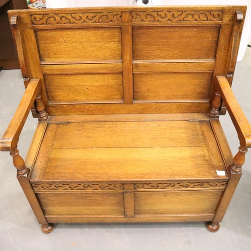 501 - Oak monks bench with lifting lid, 106 x 51 x 103 cm H. Not available for in-house P&P, contact Paul ... 