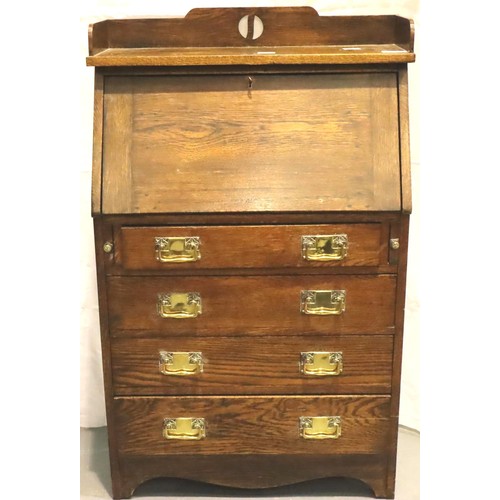 475 - Edwardian oak drop front slim bureau with four drawers, W: 70 cm. Not available for in-house P&P, co... 