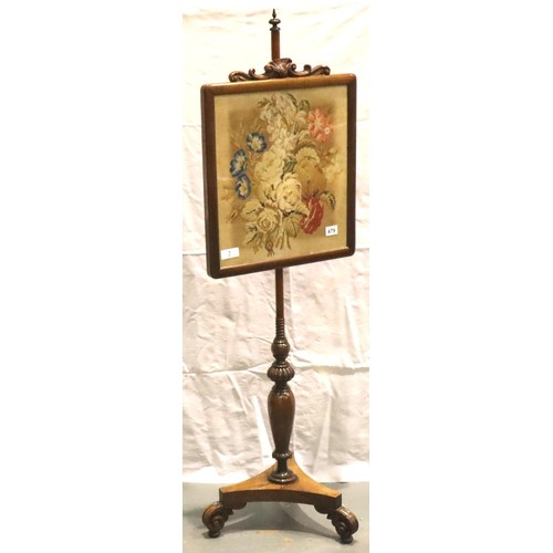 479 - Walnut pole screen with embroidered floral panel, H: 142 cm. Not available for in-house P&P, contact... 