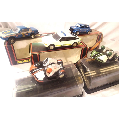 2093 - Five Scalextric cars Mad Hatter mini Police rover , Triumph TR7, two motorcycle combinations, in fai... 