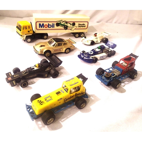 2095 - Seven unboxed Scalextric cars including Leyland Artic truck and trailer, stock cars, F1 etc, mostly ... 