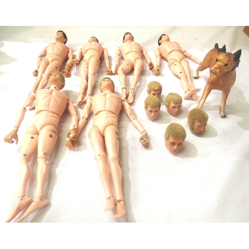 2097 - Six Action Man dolls, flock hair plus five heads includes moving eyes and bearded, also dog, mostly ... 