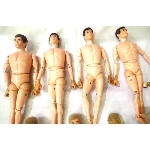 2097 - Six Action Man dolls, flock hair plus five heads includes moving eyes and bearded, also dog, mostly ... 