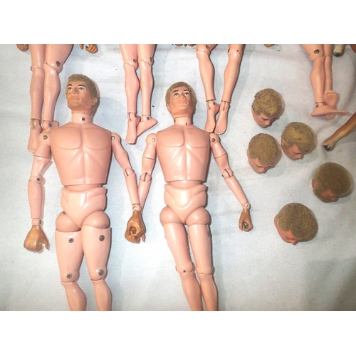 2097 - Six Action Man dolls, flock hair plus five heads includes moving eyes and bearded, also dog, mostly ... 