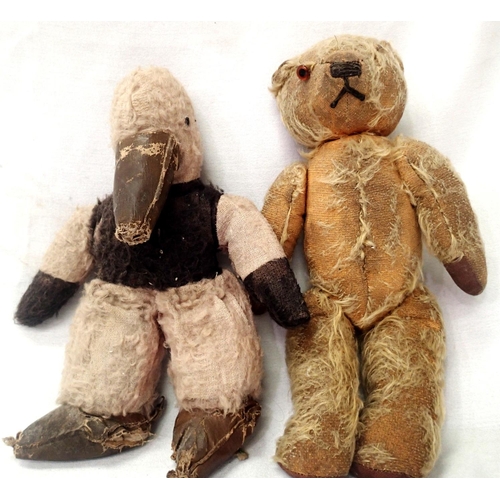 2074 - Teddy bear with jointed arms, legs and head, plus penguin toy, each well loved, app. 30 cm. P&P Grou... 