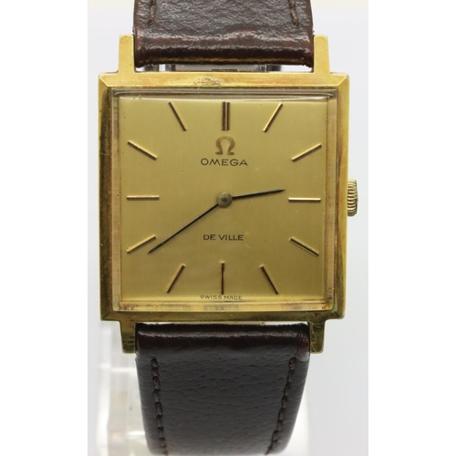 102 - Omega; gents De Ville mechanical wristwatch, gold plated with square dial. Working at lotting, we do... 