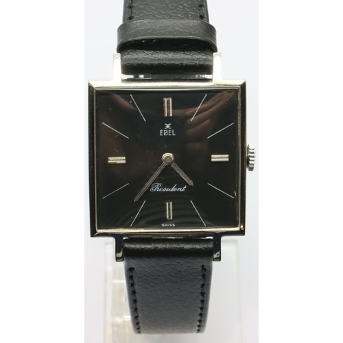 106 - Ebel; vintage ultra slim gents wristwatch, President model with square black dial, silver hands and ... 