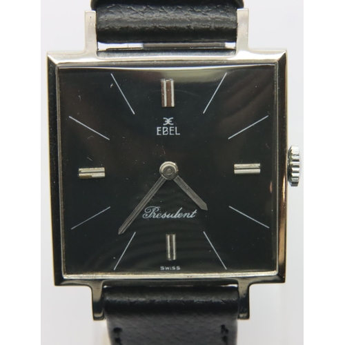 106 - Ebel; vintage ultra slim gents wristwatch, President model with square black dial, silver hands and ... 