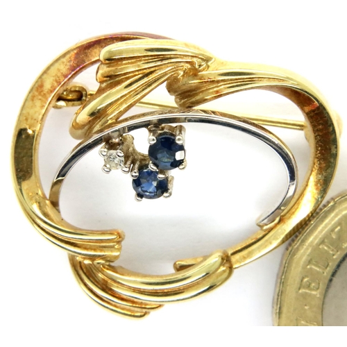 63 - 14ct gold brooch set with diamond and sapphires, 2.8g. P&P Group 1 (£14+VAT for the first lot and £1... 