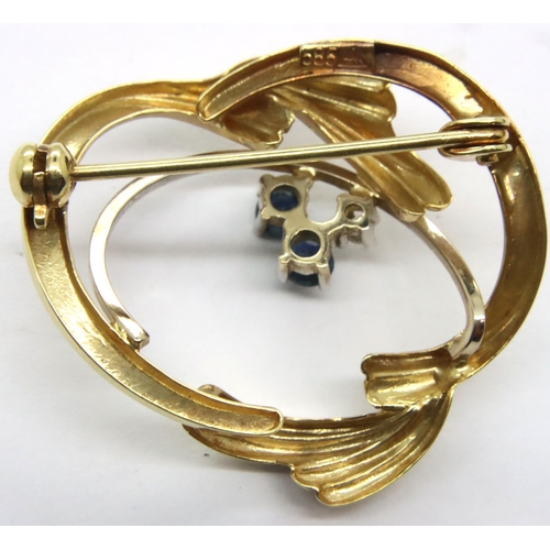 63 - 14ct gold brooch set with diamond and sapphires, 2.8g. P&P Group 1 (£14+VAT for the first lot and £1... 