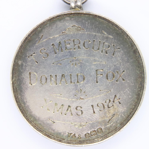 65 - Silver music medal Royal Navy training ship Mercury, awarded to Donald Fox Christmas 1924, 18g. P&P ... 