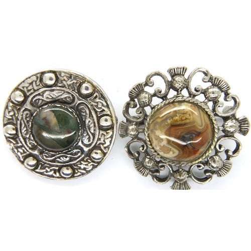 72 - Silver and hardstone Scottish brooch, hallmarked Edinburgh and a further white metal example. P&P Gr... 