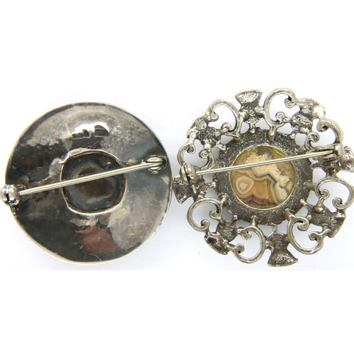 72 - Silver and hardstone Scottish brooch, hallmarked Edinburgh and a further white metal example. P&P Gr... 