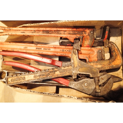 1764 - Box of heavy duty sockets and fittings, two ridged Co Stilsons and Bahco adjustable spanner and an e... 