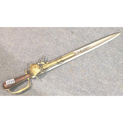 3222 - Reproduction flintlock sword pistol. Not available for in-house P&P, contact Paul O'Hea at Mailboxes... 