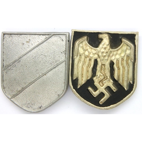 3251 - WWII German Afrika Korps Tropical Helmet Insignia. One shield has a couple of pins missing. P&P Grou... 