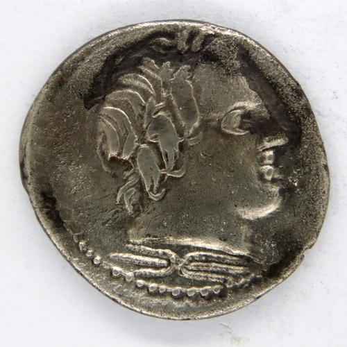 3076 - 3rd Century BC Roman Silver Denarius of the Republic - Thunderbolt under Apollo; Jupiter riding Quad... 