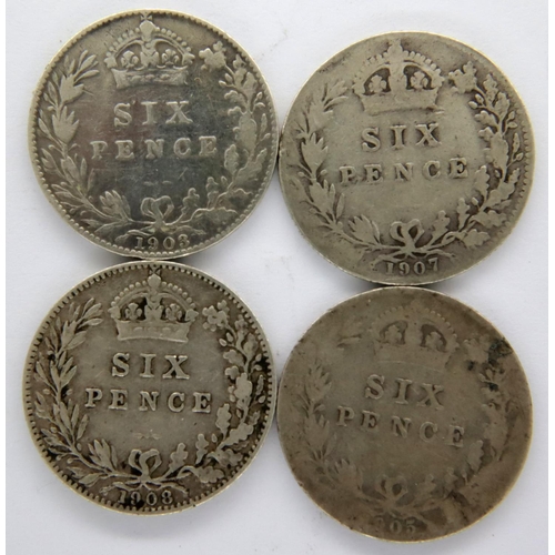 3091 - Four silver Sixpences of Edward VII. P&P Group 1 (£14+VAT for the first lot and £1+VAT for subsequen... 