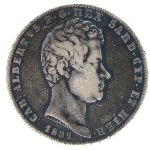 3117 - 1839 Kingdom of Sardinia 5 Lire of Charles Albert. P&P Group 1 (£14+VAT for the first lot and £1+VAT... 