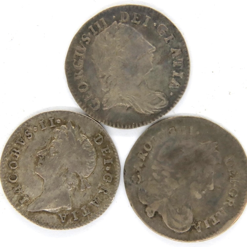 3120 - Three early milled silver Threepence coins including Charles II, James II, George III. P&P Group 1 (... 