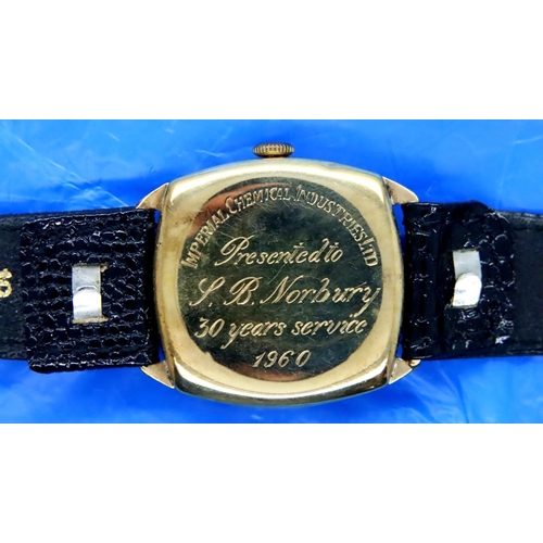 122 - Buren; gents wristwatch with black leather strap and inscription verso. P&P Group 1 (£14+VAT for the... 