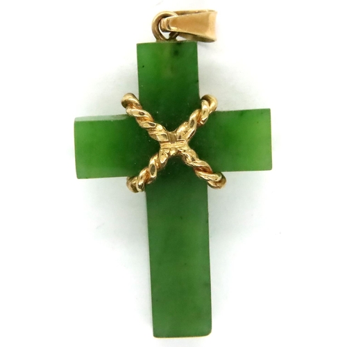 21 - 9ct gold mounted jadeite cross pendant, H: 35 mm. P&P Group 1 (£14+VAT for the first lot and £1+VAT ... 