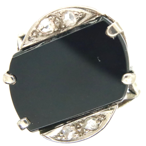 64 - Art Deco period 18ct white gold onyx and diamond set cocktail ring, size Q, 4.9g. P&P Group 1 (£14+V... 