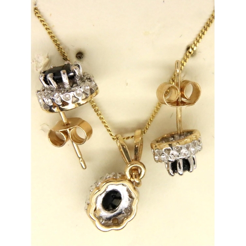 83 - 9ct gold sapphire and diamond necklace and earring set. Necklace L: 44 cm, combined 3.5g. P&P Group ... 