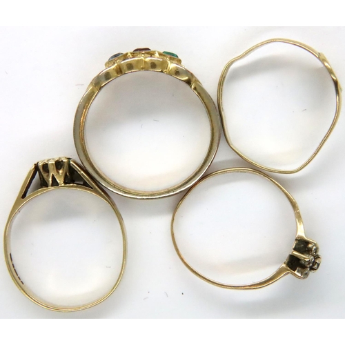 89 - Two stone set 9ct gold rings, sizes O and L, and two further misshapen 9ct gold rings, combined 6.3g... 