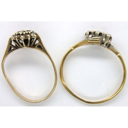 92 - Two 9ct gold and diamond set rings, both misshapen, combined 3.6g. P&P Group 1 (£14+VAT for the firs... 