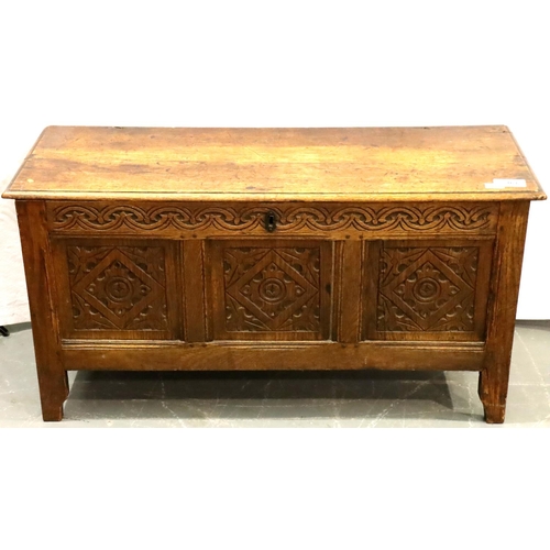 461 - An 18th century oak coffer with internal box, later carving and panelled sides, 114 x 43 x 58 cm H. ... 