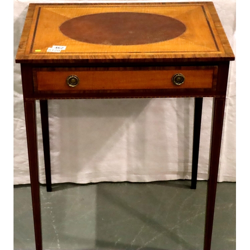 462 - Edwardian walnut single drawer lamp table, quarter veneered and crossbanded, raised on tapering supp... 